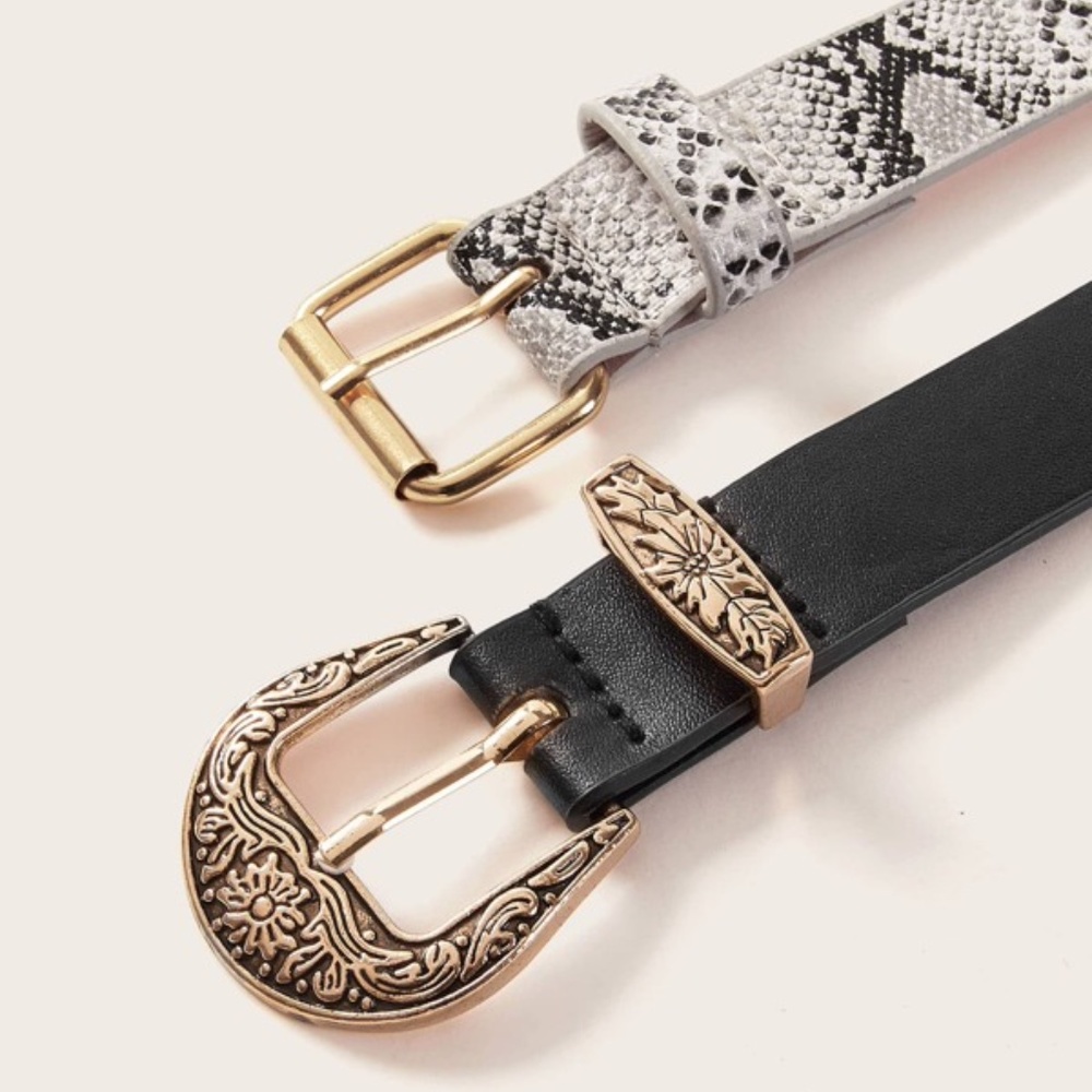 Western buckle Vegan Leather Snakeskin Print Belt Set - Picture 3 of 4
